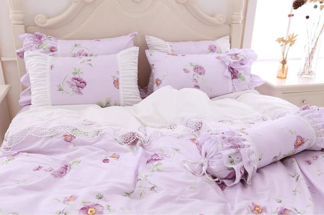 薄紫 花柄 フリル付きカバーセット セミダブル
