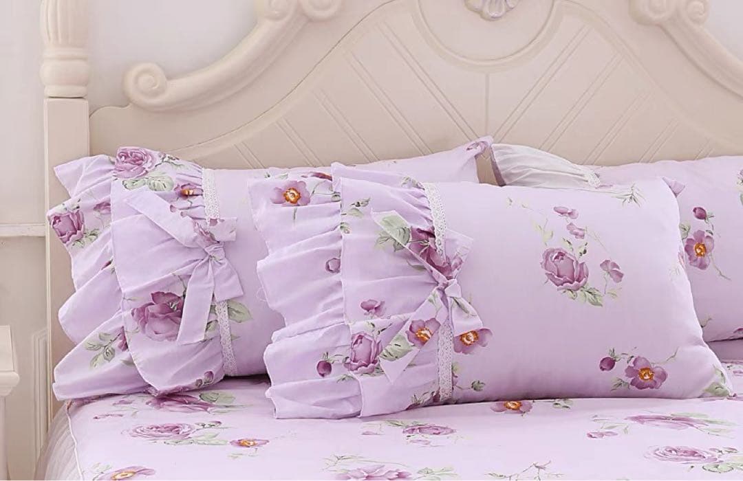 薄紫 花柄 フリル付きカバーセット セミダブル