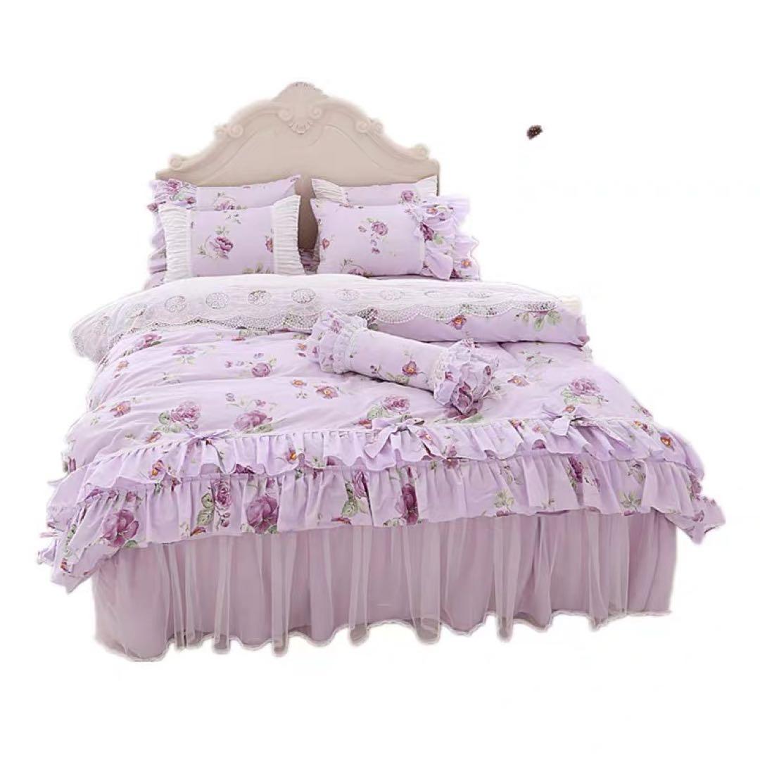 薄紫 花柄 フリル付きカバーセット セミダブル