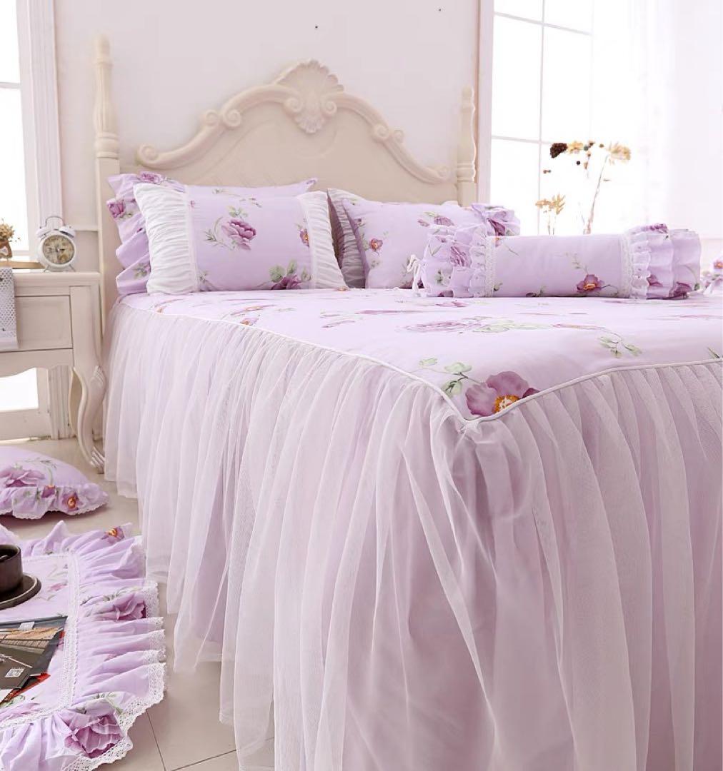 薄紫 花柄 フリル付きカバーセット セミダブル