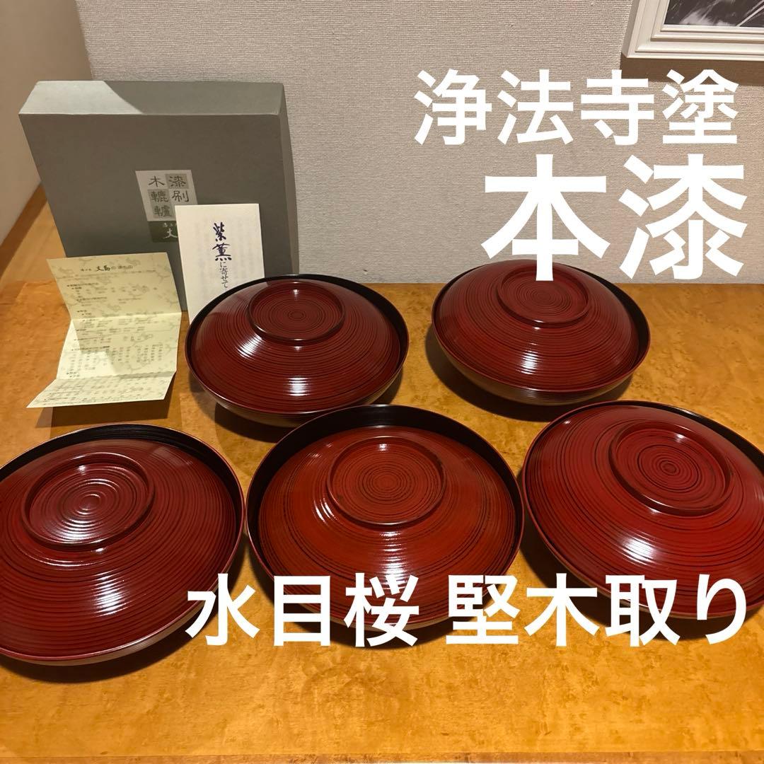 浄法寺塗 蓋付き椀 5客揃 本漆 水目桜 堅木取り 工房大島 共箱