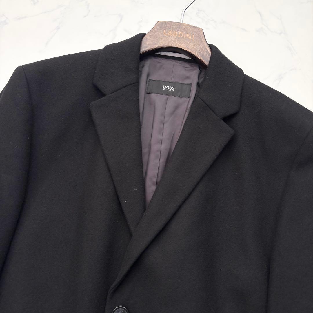 極美品 ヒューゴボス チェスターコート ロング丈 ブラック 52 3L