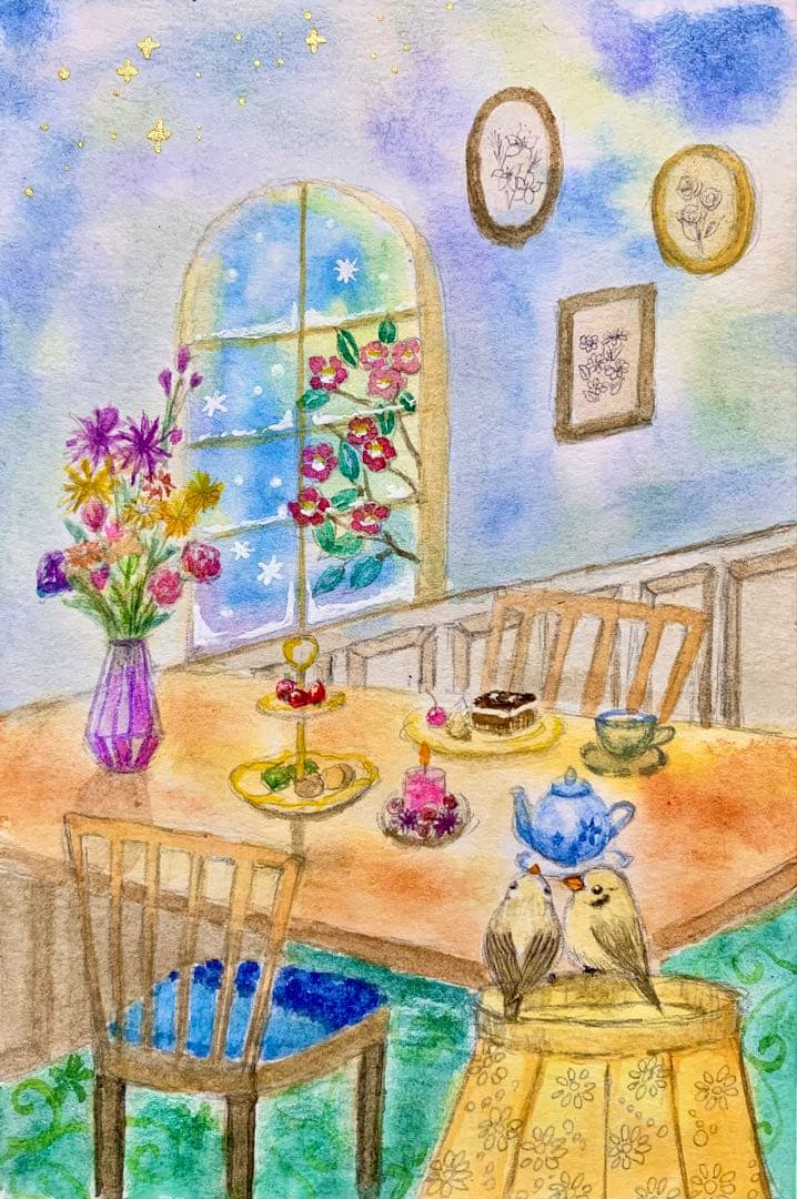 ♡たまみな♡水彩画 仲良し錦華鳥と冬のカフェ　値段は※900円です