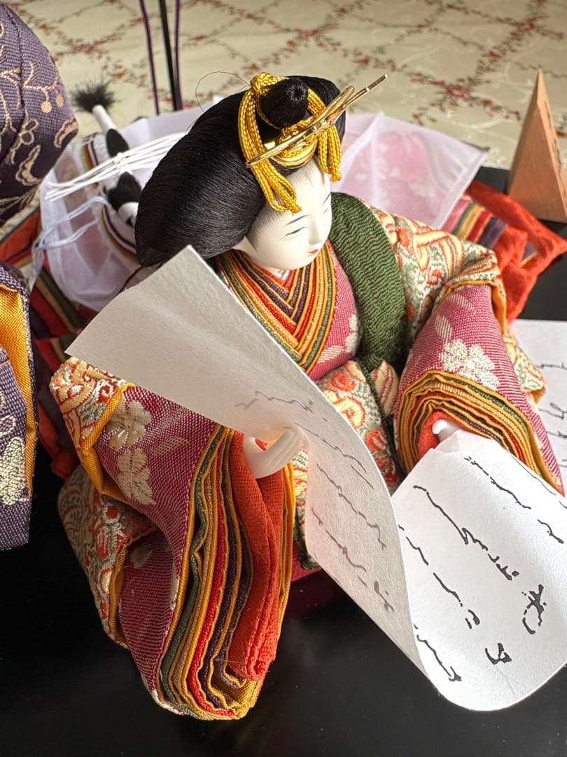 雛人形　コンパクト　ガラスケース付　親王飾り　立雛　桜　十二単　油灯　柴田家千代