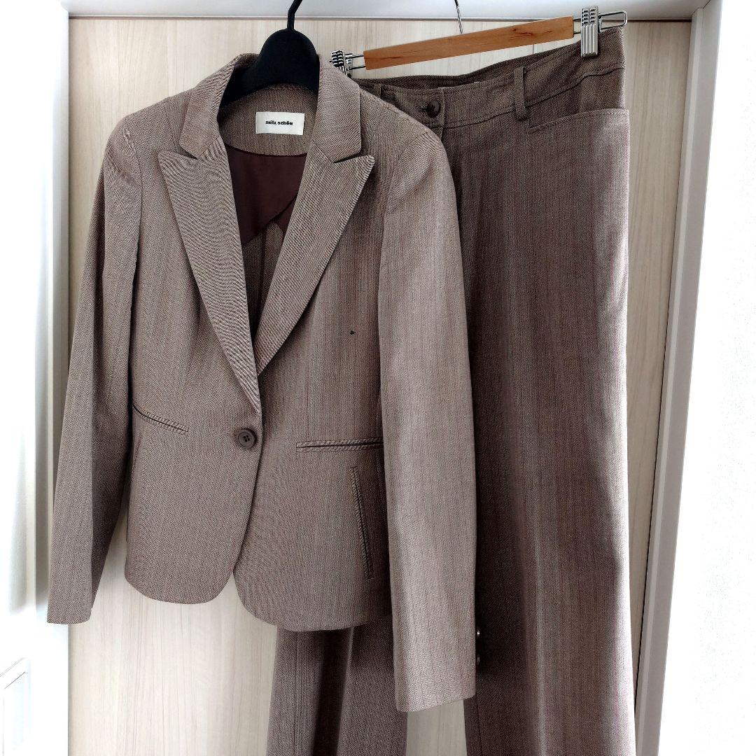 ☆42☆ 定価10.8万 ミラショーンブラウンパンツスーツ ストライプ ウール混