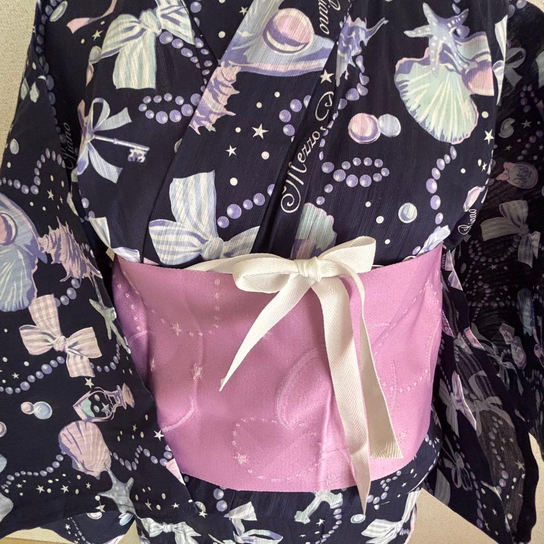 メゾピアノジュニア【150】浴衣 リボン 貝殻 メルヘン 作り帯 ポーチ付き 綿