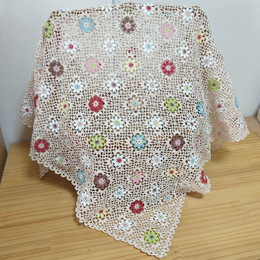 カラフル＆白花モチーフ　マルチカバー　クロス　レース編み