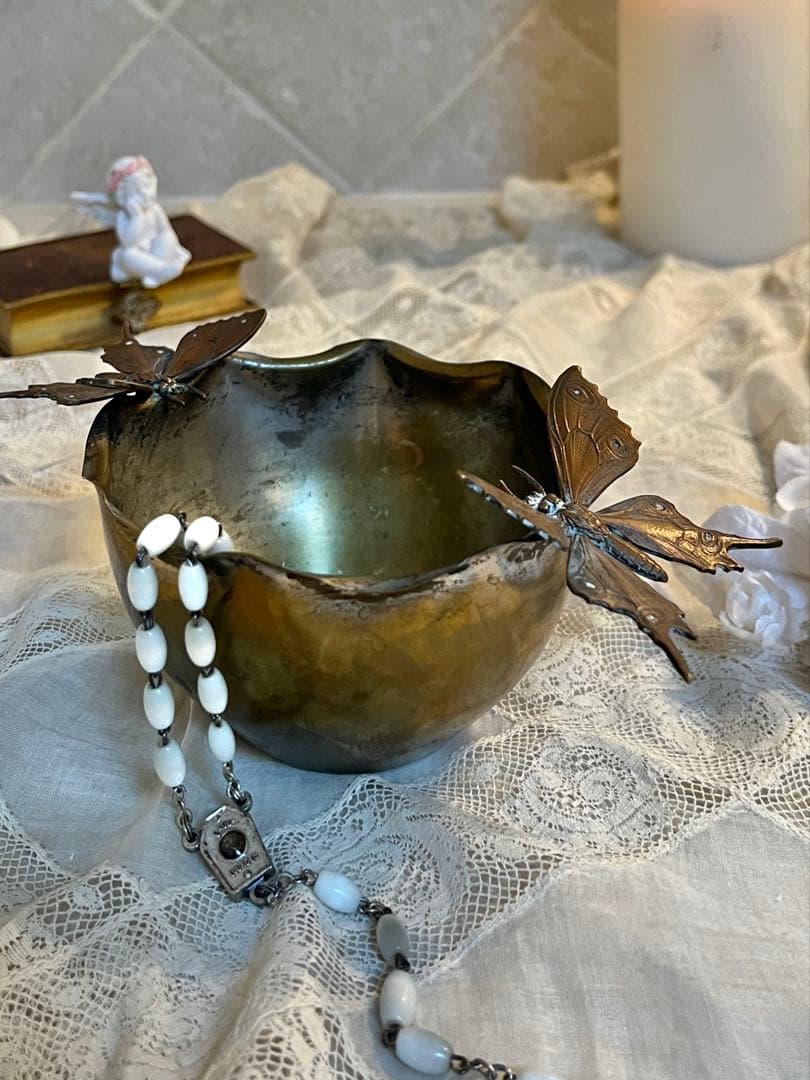 ◆フランスアンティーク｜希少な蝶の小物入れブロンズ深めボウル型彫刻シルバートレイ