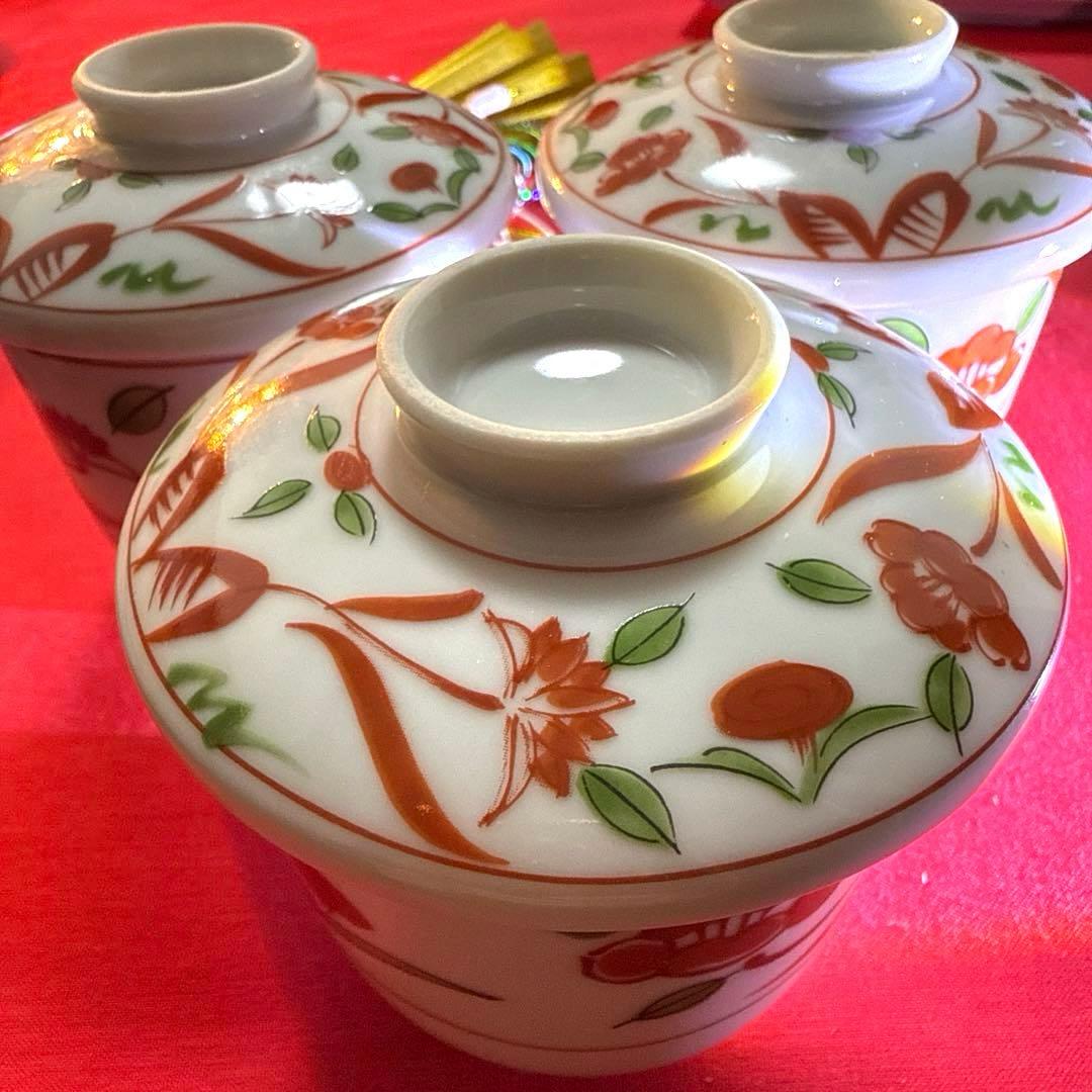 たち吉　赤絵菱型　茶碗蒸し　飛島窯羽子板皿　三川内焼き白磁　蓋付き椀　No.5