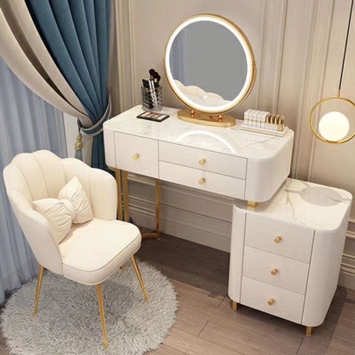 北欧風  グレー　100cmオシャレドレッサーお姫系　大理石天板 LEDミラー