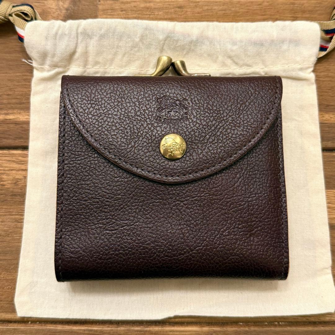 新品 イルビゾンテ がま口折り財布 ロゴ型押し ダークブラウン 濃茶