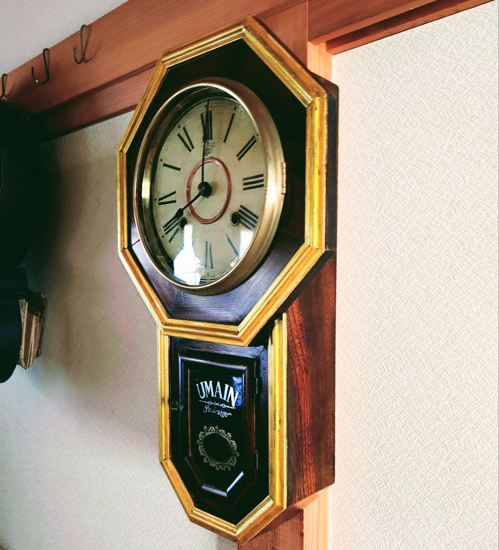〈完動・美品〉尾張時計地球馬印UMAIN　金縁八角尾長ゼンマイ振り子時計