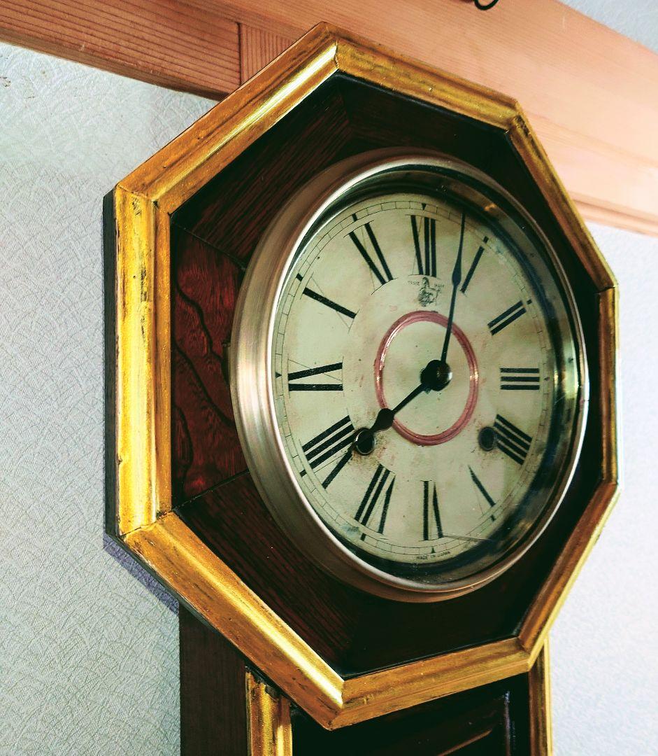 〈完動・美品〉尾張時計地球馬印UMAIN　金縁八角尾長ゼンマイ振り子時計