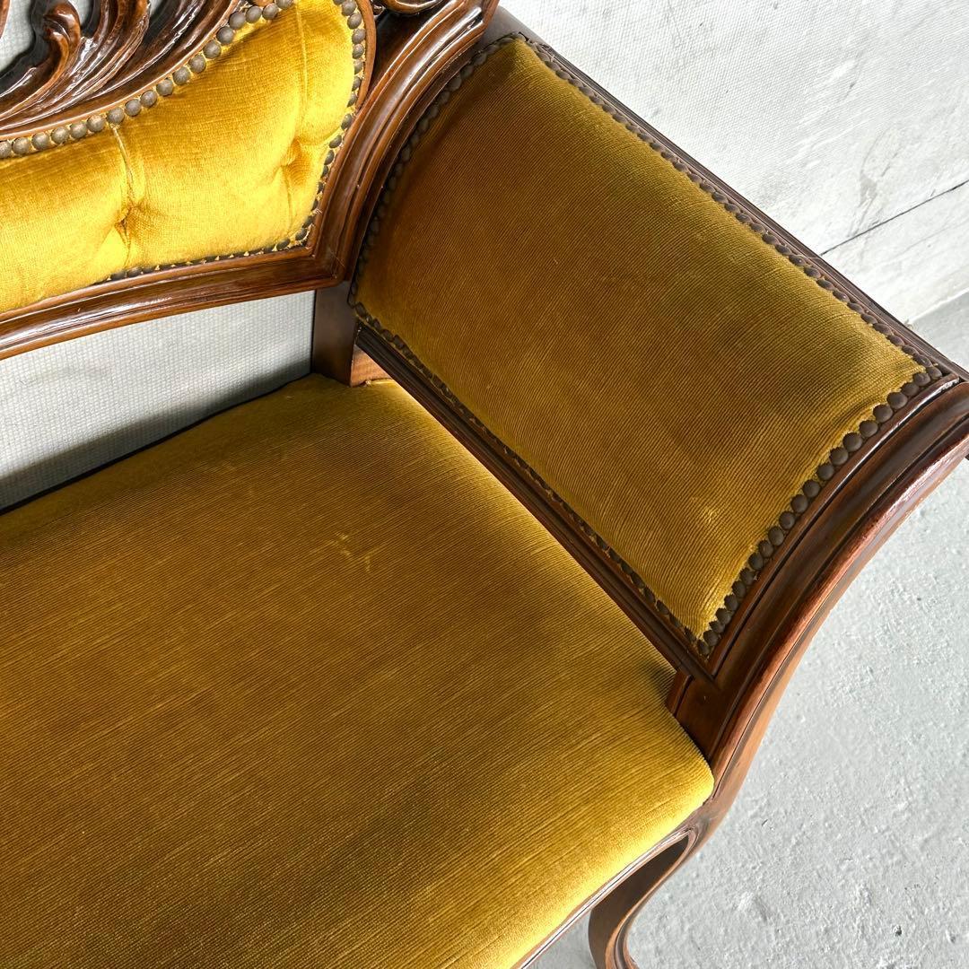 ✦80s✦ アンティークソファ カウチ ベルベット ゴールド 彫刻 ヴィンテージ