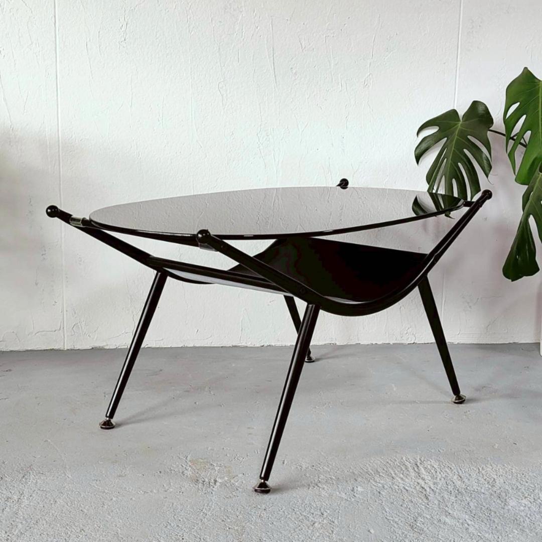 ミッドセンチュリー ガラステーブル 黒 幅80cm スペースエイジ