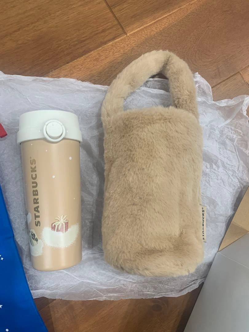 3点セット　スタバ　ステンレス　タンブラー　ファー　バッグ　ポーチ　巾着