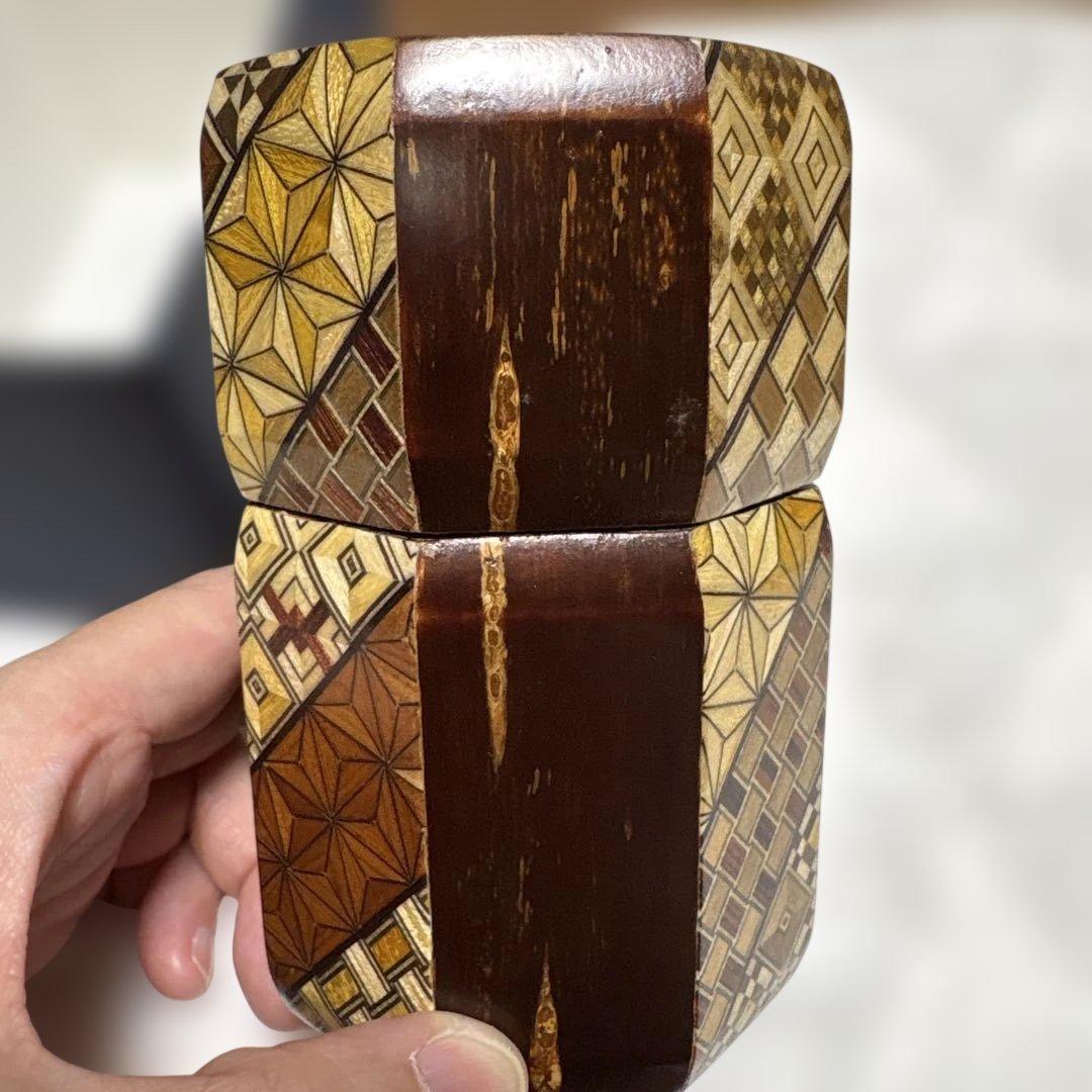 【希少・未使用】寄木細工 茶筒 八角形 内蓋も木製 説明書付き 縁起物