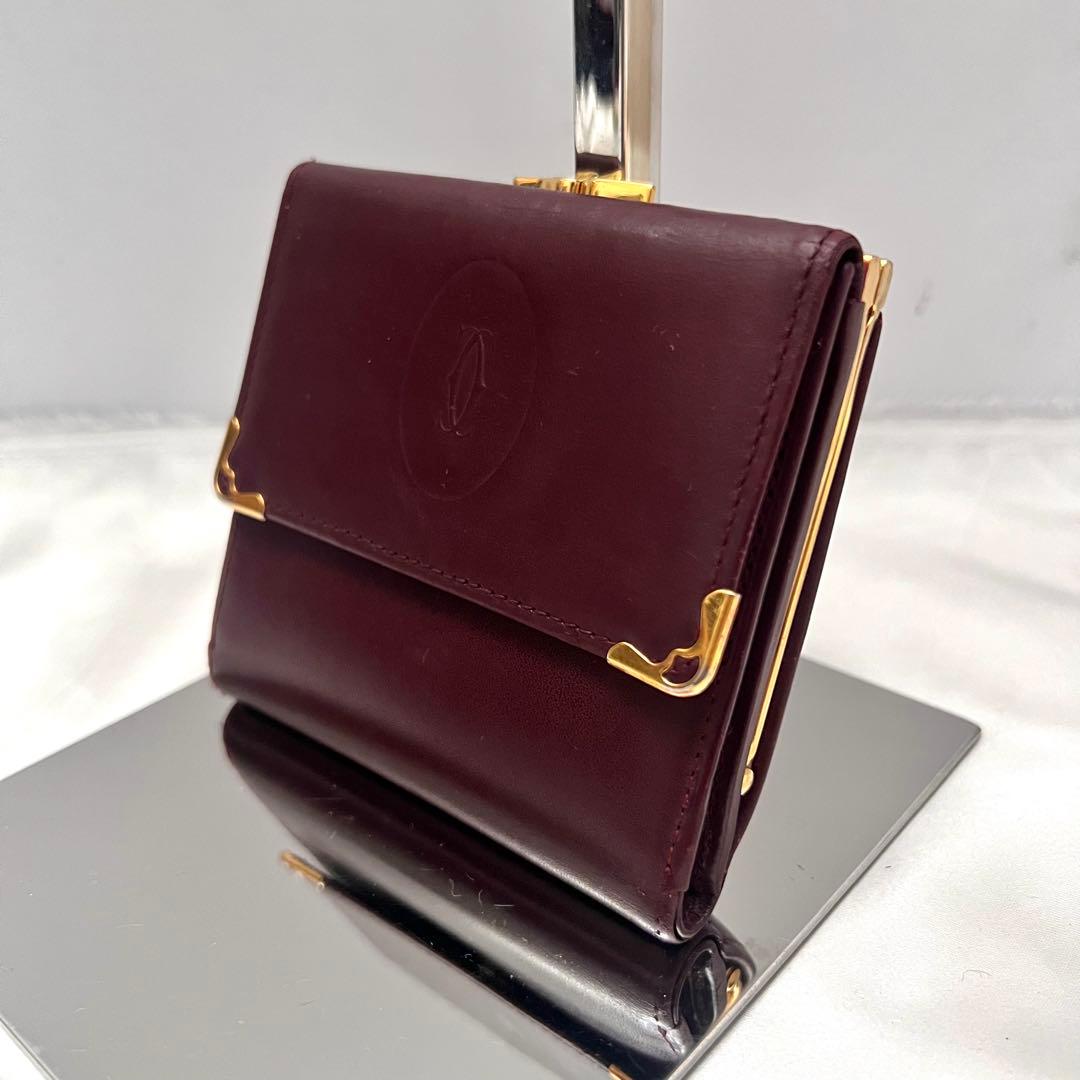 ◇美品◇カルティエ　マストライン　コンパクト財布　ゴールド×ボルドー　がま口