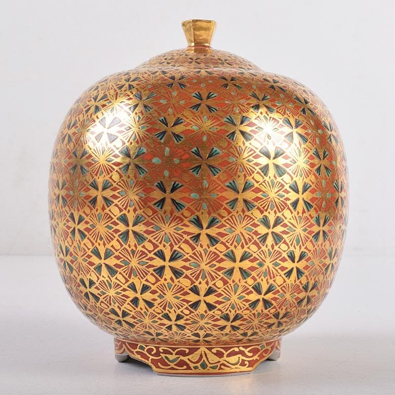 九谷焼　山本重義作　金彩　小紋手　香炉　共布共箱　M　R9007