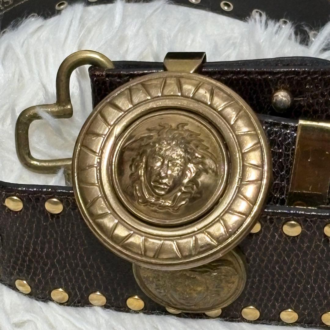 超希少✨ヴェルサーチ　ベルト　メデューサ　ハラコ　スタッズ　ブラウン