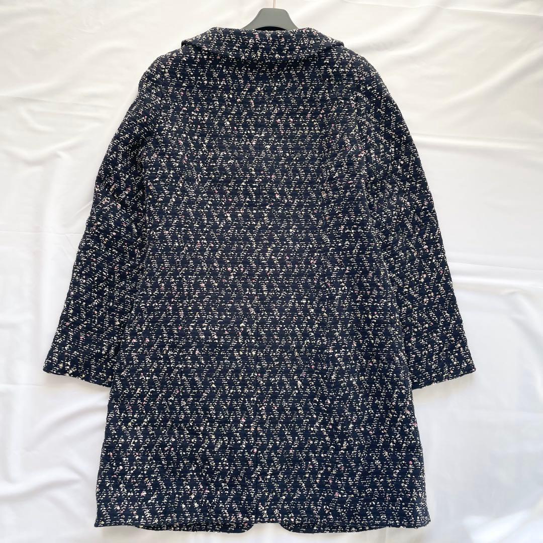 美品✨ルネ　高級　ロングコート　ツイード　TISSUE社製　ジップ　パール　濃紺
