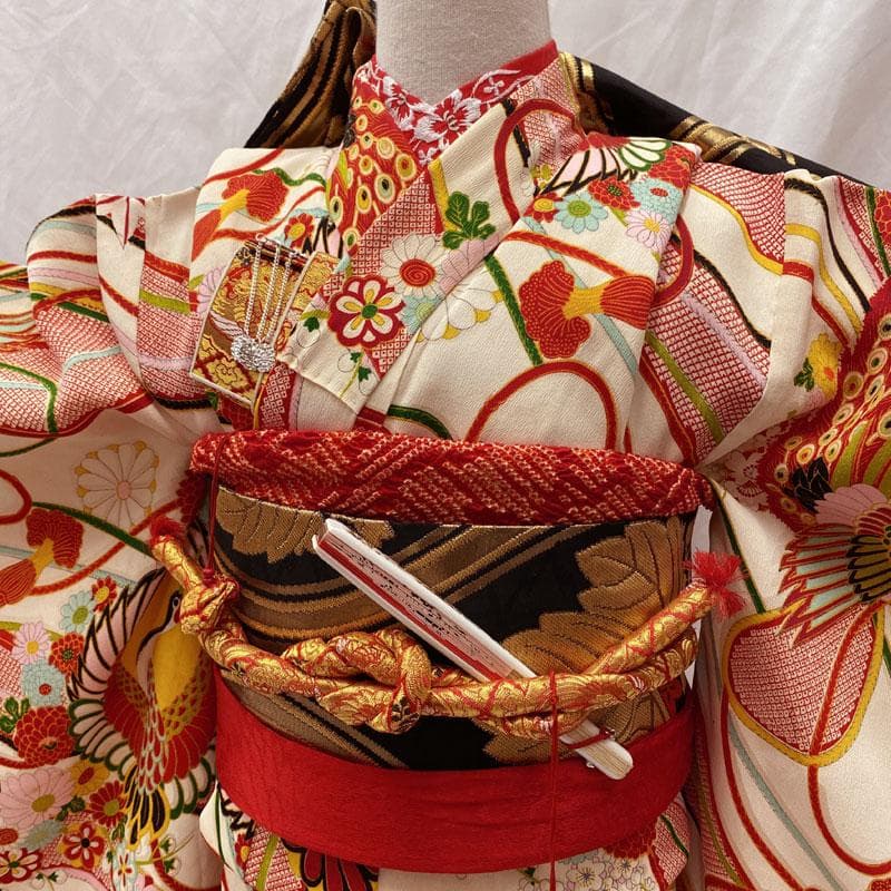 511ag47◎七五三 七歳 女児 着物&開き帯 セミアンティーク 金彩 白赤◎
