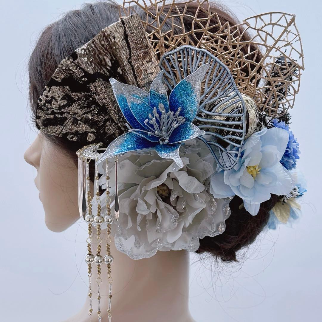 【豪華】ディップアート　簪　キラキラ　髪飾り　成人式　卒業式 青　黒　牡丹