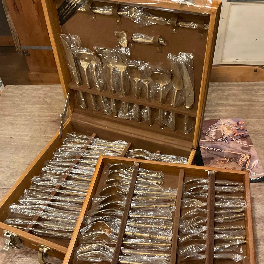 保管品！カトラリーセット タイ製 バンブー 竹 木箱 レトロ アンティーク