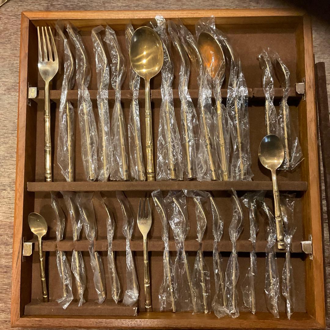 保管品！カトラリーセット タイ製 バンブー 竹 木箱 レトロ アンティーク