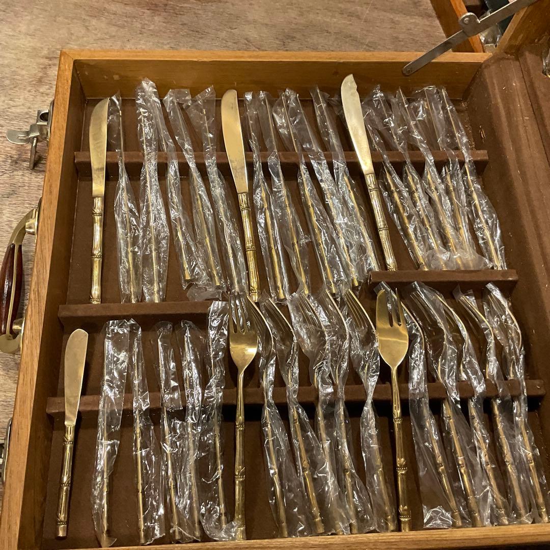 保管品！カトラリーセット タイ製 バンブー 竹 木箱 レトロ アンティーク