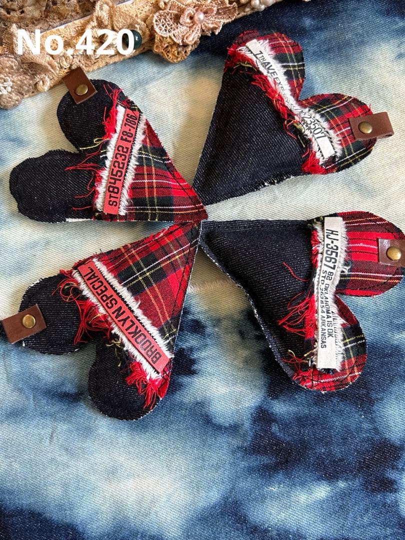 ぷっくりハートタグ♡ 赤チェック　No.420