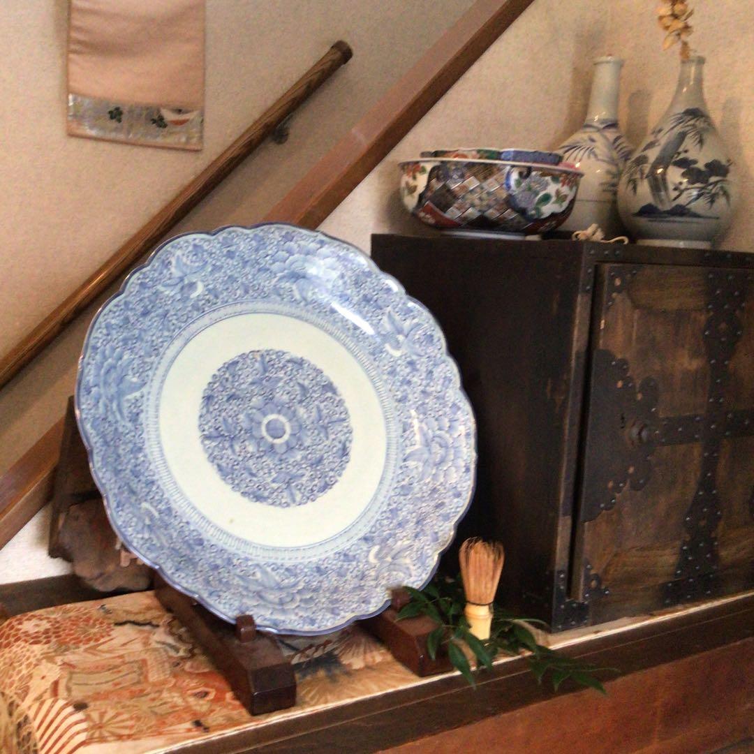 A865 古伊万里　染付　幕末線描　牡丹に柘榴紋様（1尺5寸）大皿　　1枚