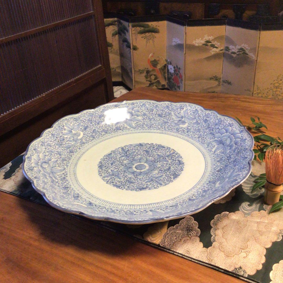 A865 古伊万里　染付　幕末線描　牡丹に柘榴紋様（1尺5寸）大皿　　1枚