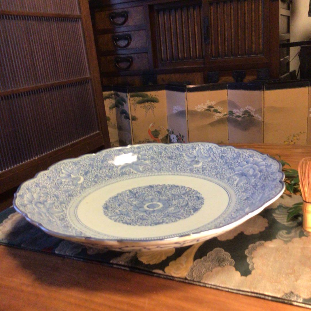A865 古伊万里　染付　幕末線描　牡丹に柘榴紋様（1尺5寸）大皿　　1枚