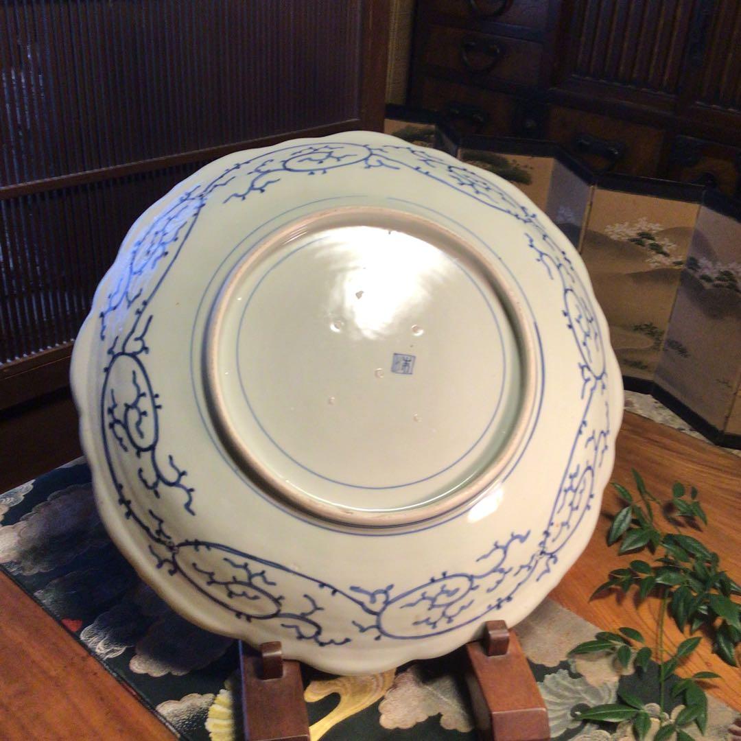 A865 古伊万里　染付　幕末線描　牡丹に柘榴紋様（1尺5寸）大皿　　1枚