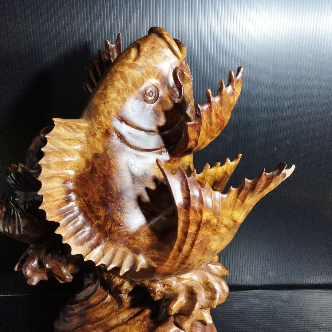 【唐木】花梨 ？鯉 置物 高さ約42.0㎝ 幅約40.0㎝ カリン材 オブジェ