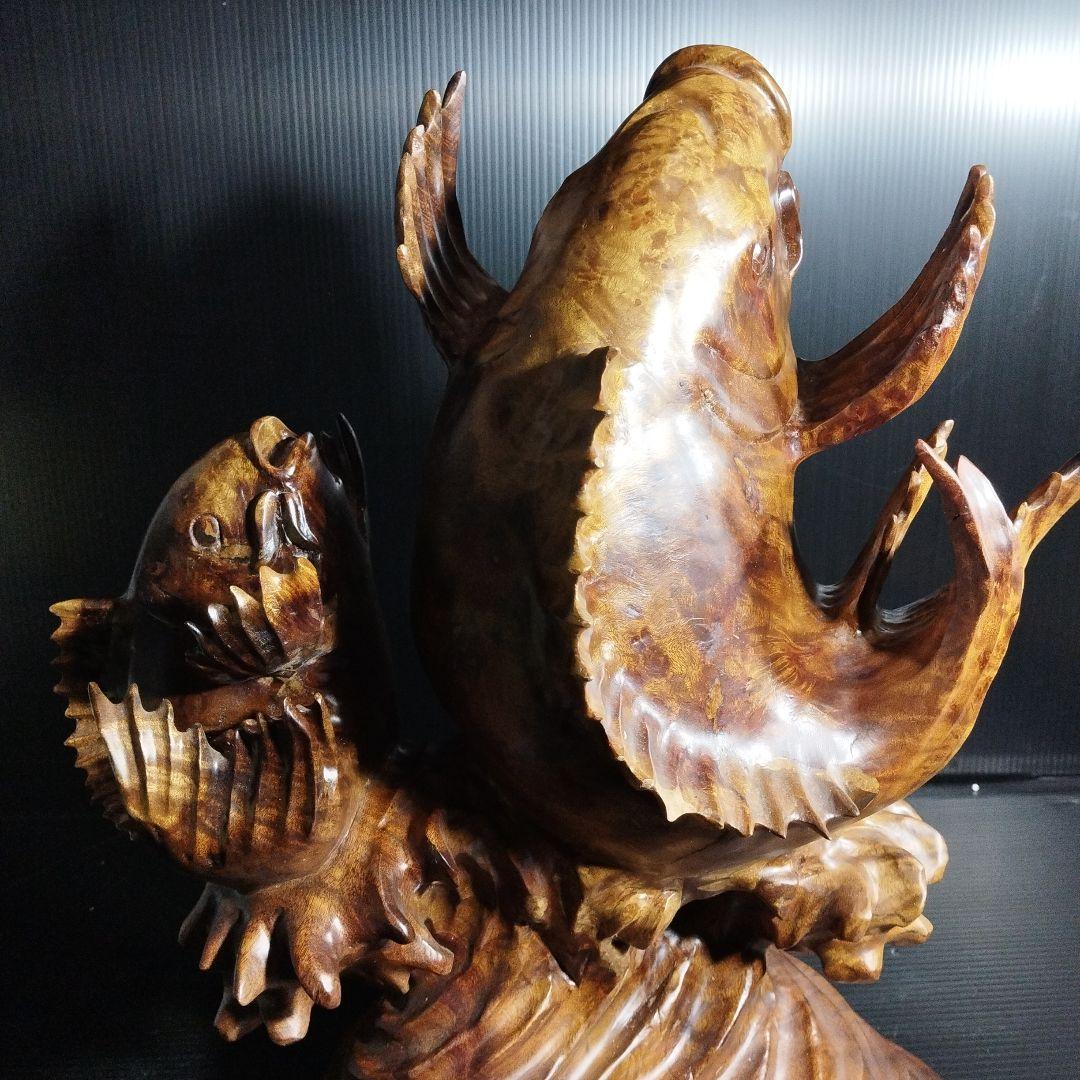 【唐木】花梨 ？鯉 置物 高さ約42.0㎝ 幅約40.0㎝ カリン材 オブジェ