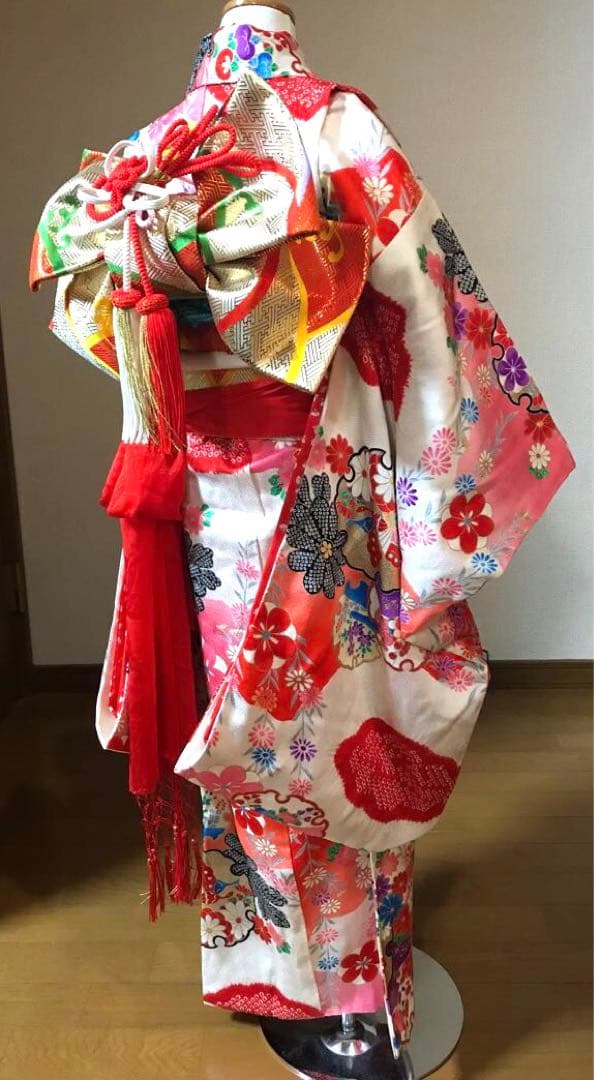 七五三7歳着物セット　正絹　絞り入り　可愛い和花　蝶❤️髪飾り　バック
