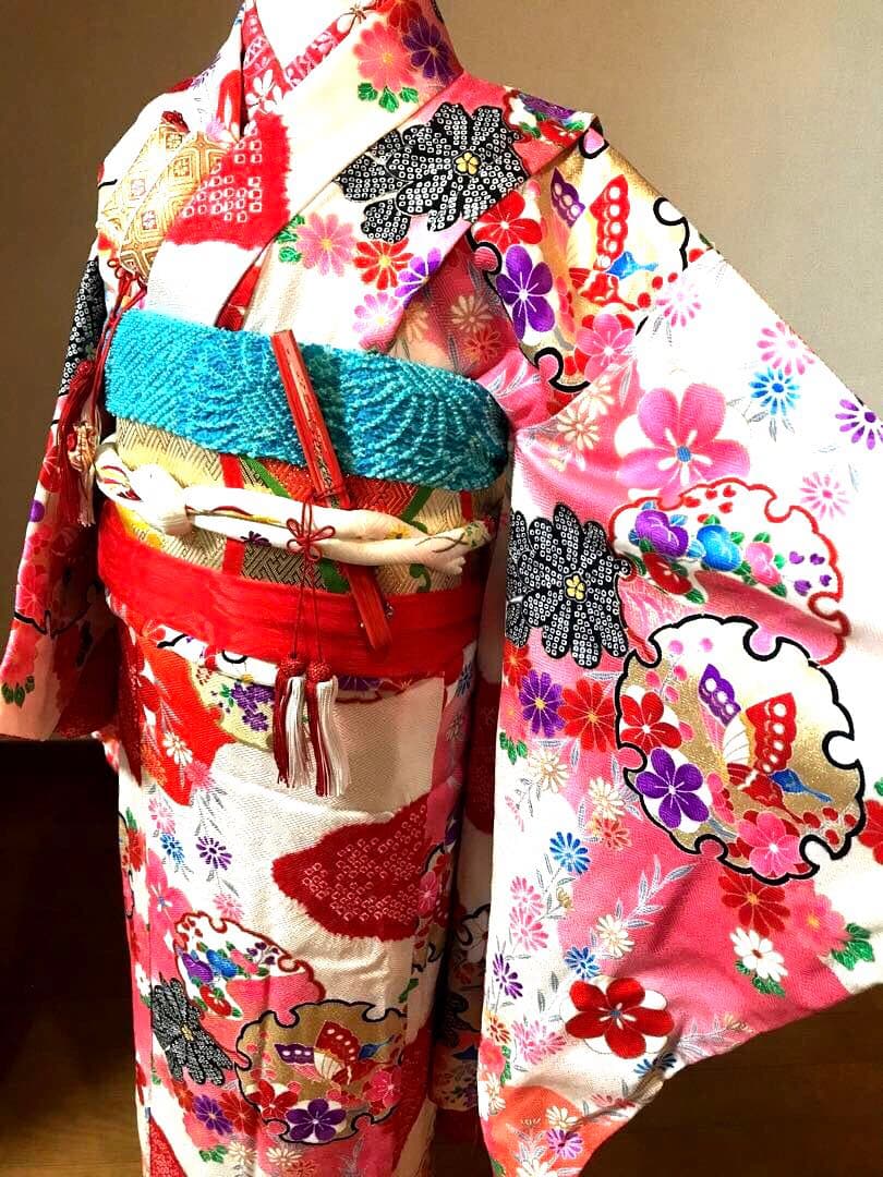 七五三7歳着物セット　正絹　絞り入り　可愛い和花　蝶❤️髪飾り　バック