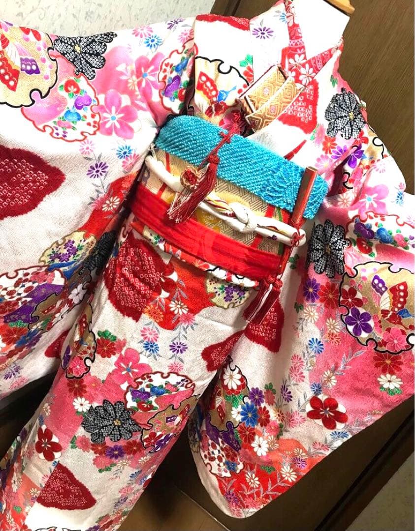 七五三7歳着物セット　正絹　絞り入り　可愛い和花　蝶❤️髪飾り　バック