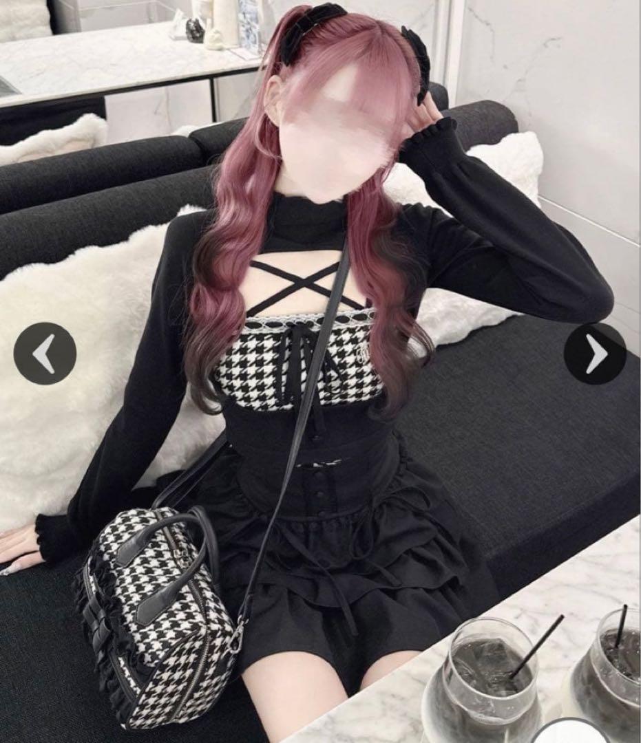 HONEYMEW風 千鳥柄ハイネックアンサンブルトップス ブラック XS