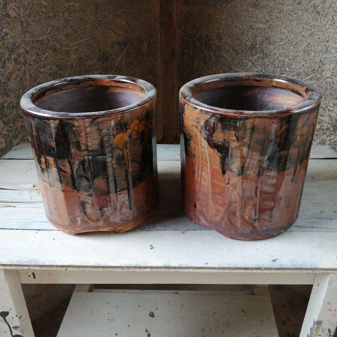 瀬戸焼　加藤作助　古瀬戸釉火鉢一対　21cm　大正～昭和中期