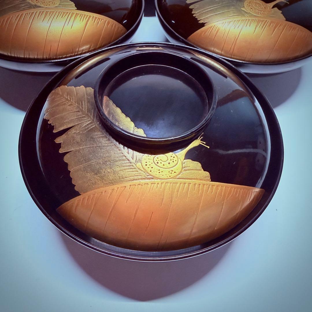 漆器輪島塗　蒔絵金彩細工　沈金木製　蓋付椀　お煮物椀　吸物椀　10 客