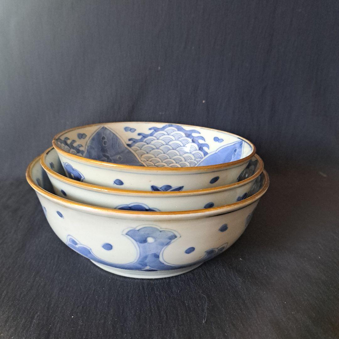 「あふれる青海波(せいがいは)模様！」古伊万里染付鉢 3客セット 骨董アンティー