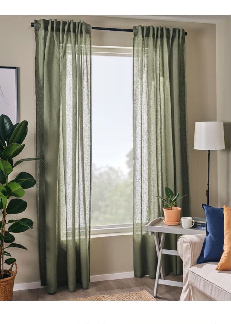 2セット、計4枚 Ikea ディトーグ 麻100%カーテン グレーグリーン