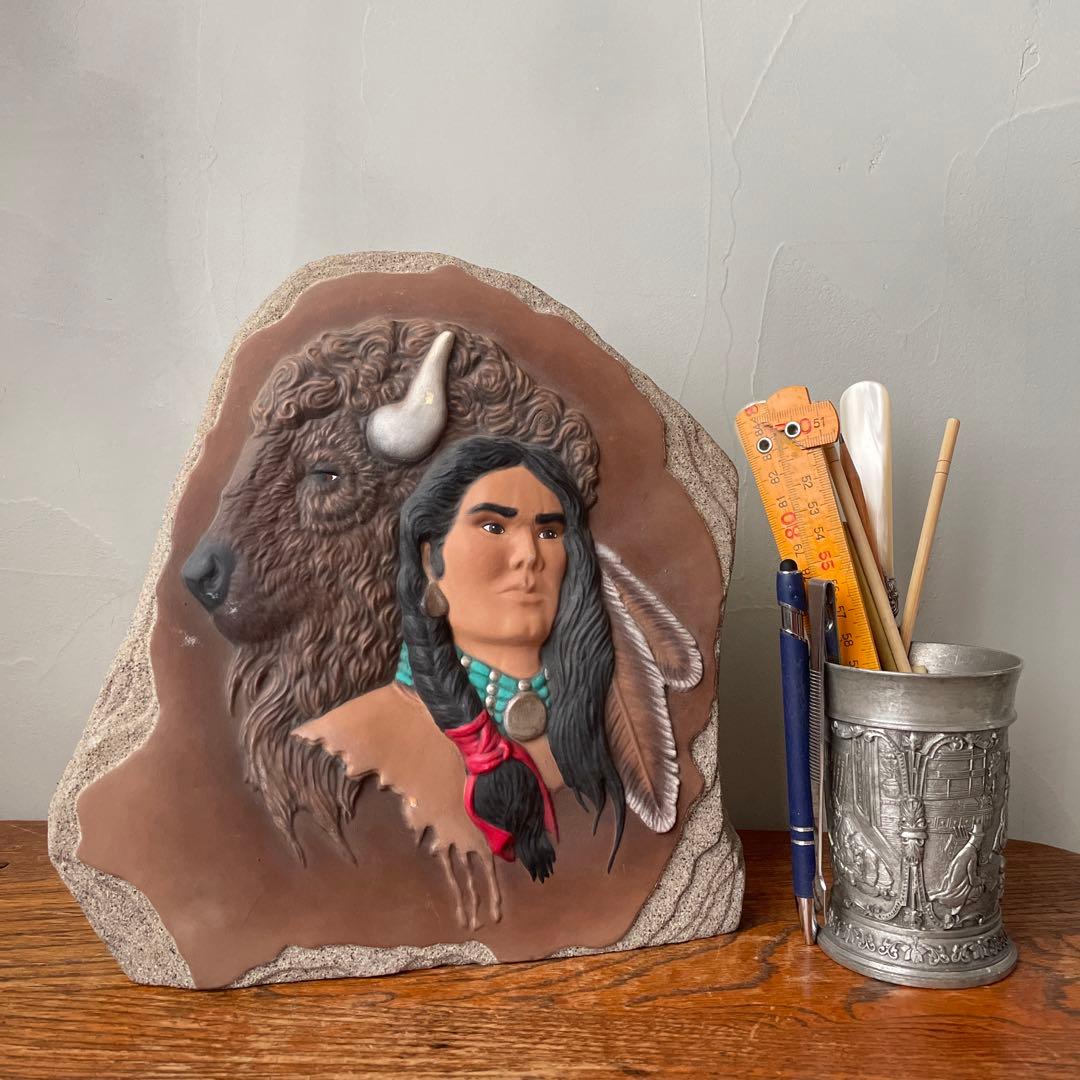 確認用　ネイティブアメリカン　インディアン　バッファロー　置物　サインあり　戦士