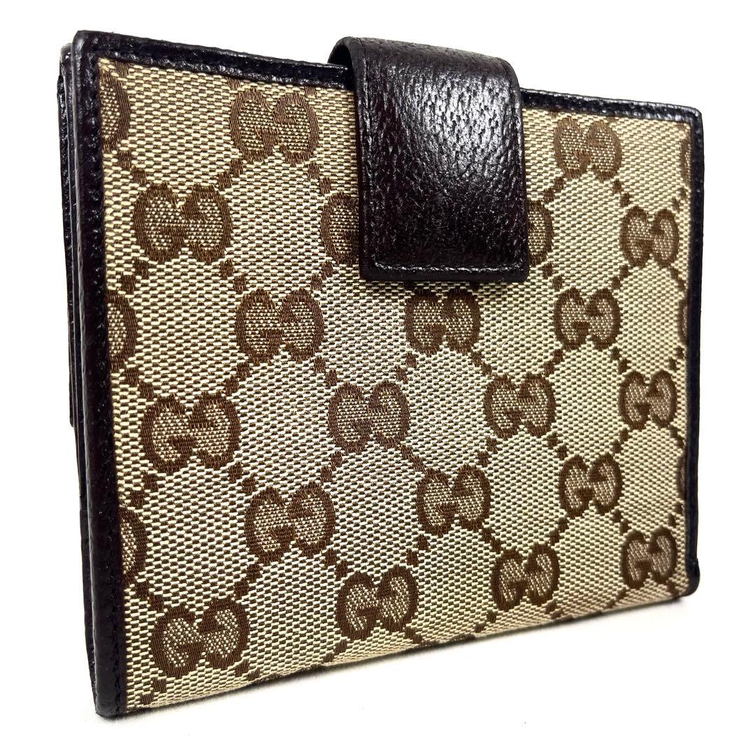 グッチ　折り財布　ロゴプレート　GGキャンバス　スクエア　コンパクト　レザー　美