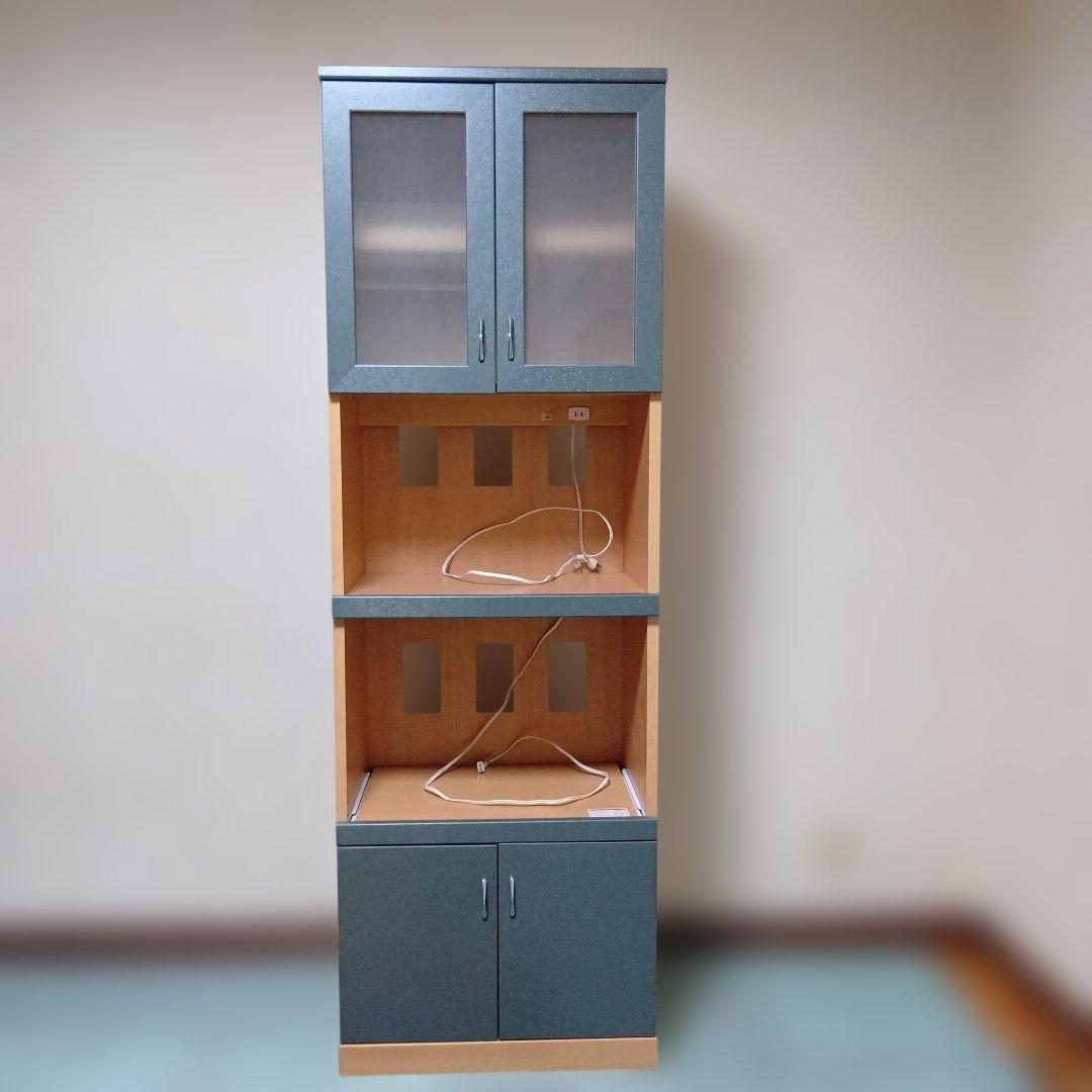 食器棚 グレーと木目調 ガラス扉付き　美品