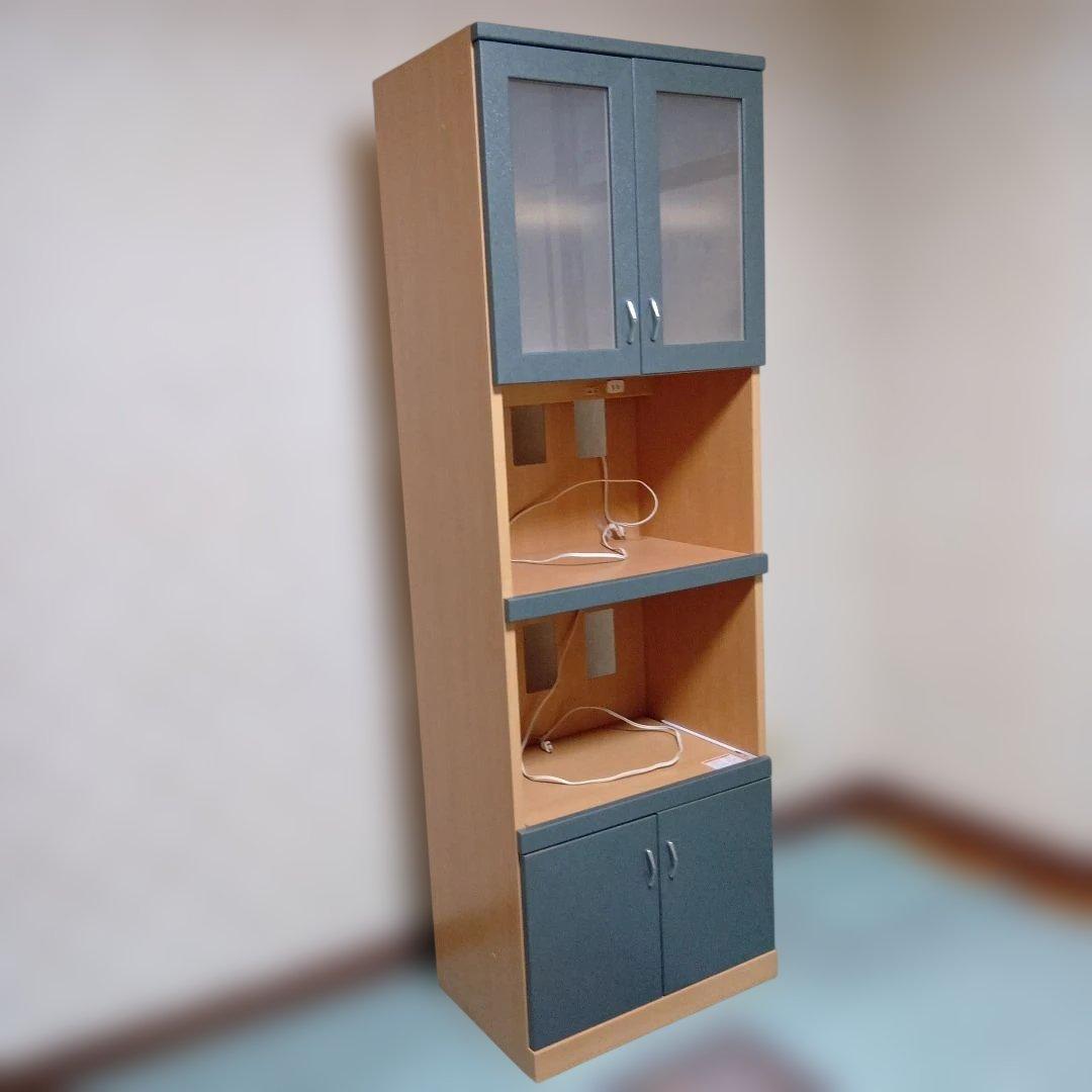 食器棚 グレーと木目調 ガラス扉付き　美品