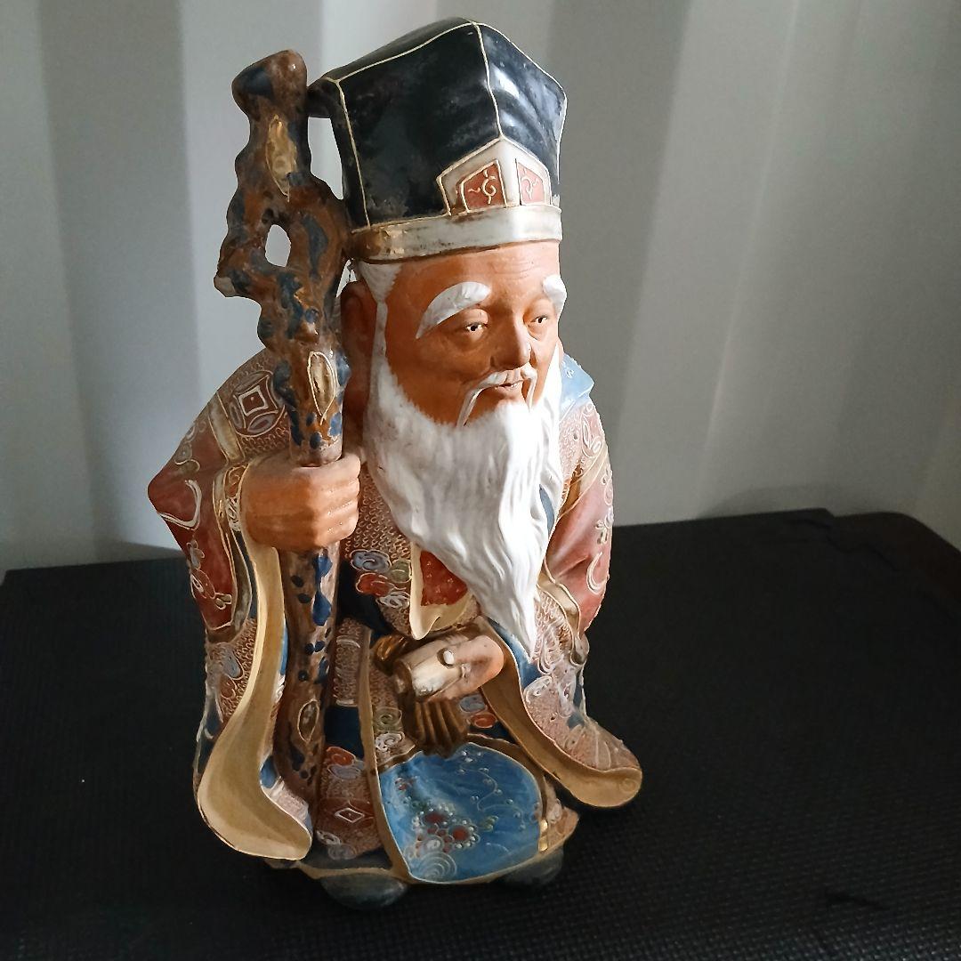 旧家より 九谷焼 金彩色絵 寿老人 七福神 置物 オブジェ 縁起物 陶器